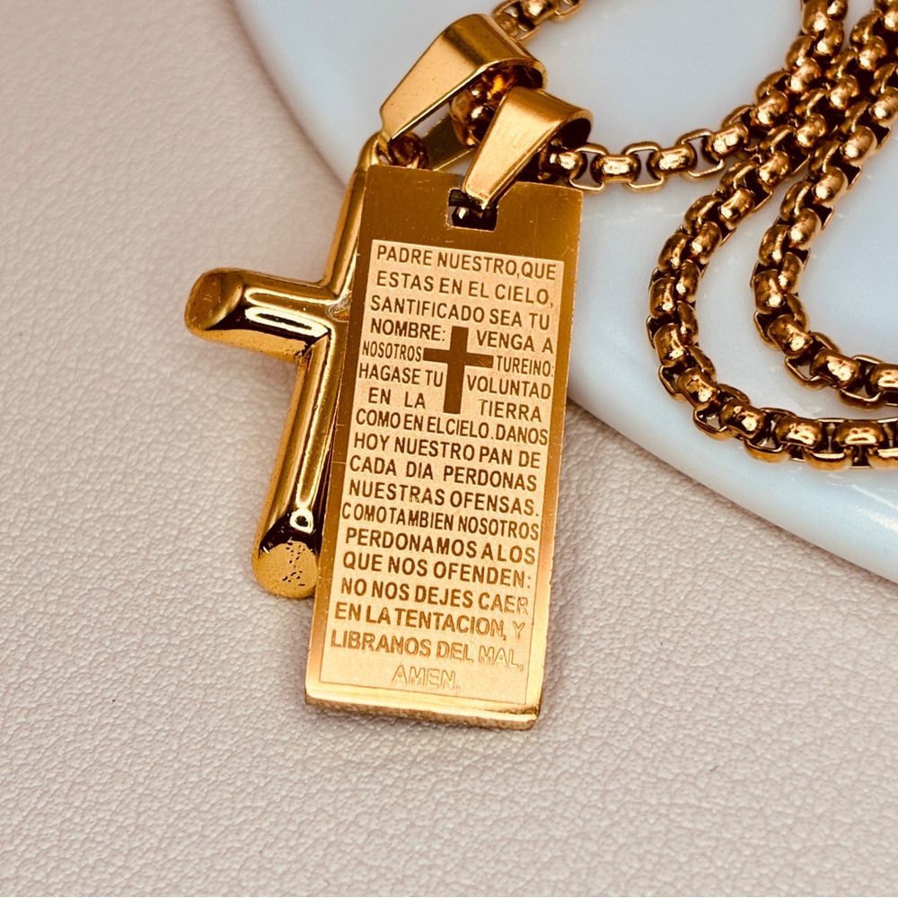Gold Cross & Oración del Padre Nuestro Pendants Chunky Statement Necklace - Picture 2 of 6